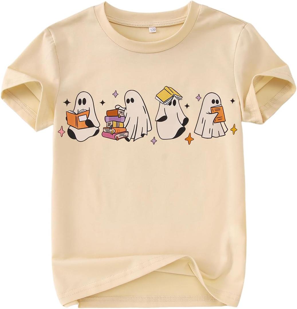 SOFEON Halloween Shirts for Kids Girls Boys Ghost Reading Books Shirt Spooky Season T-Shirt Cute Ghost Graphic Tees Tops (7-8 Years)