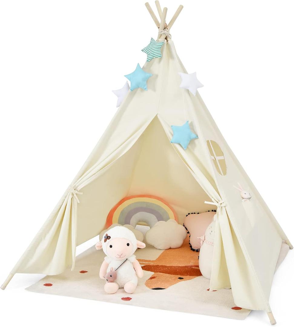 Foldable Kids Canvas Teepee Play Tent, White