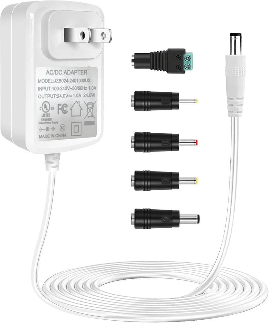TKDY 24V 1A Power Supply Adapter White with 5 Tips, 24W AC 100-240V to DC 24 Volt Power Cord, Class 2 Switching for LED Light Strip, String Lights, Soundbar, Massage Gun and More
