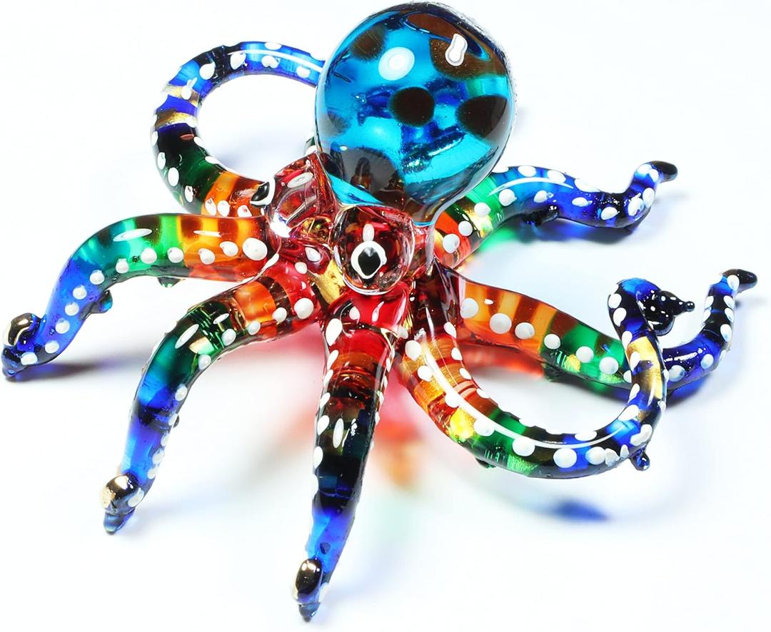 WitnyStore Tiny 3" White Dotted Multicolor Octopus Figurine - Miniature Hand Blown Glass Octopuses Squid Cuttlefish Marine Mollusks Colorful Crystal Animal Decorative Collectible Figures Dcor Gifts