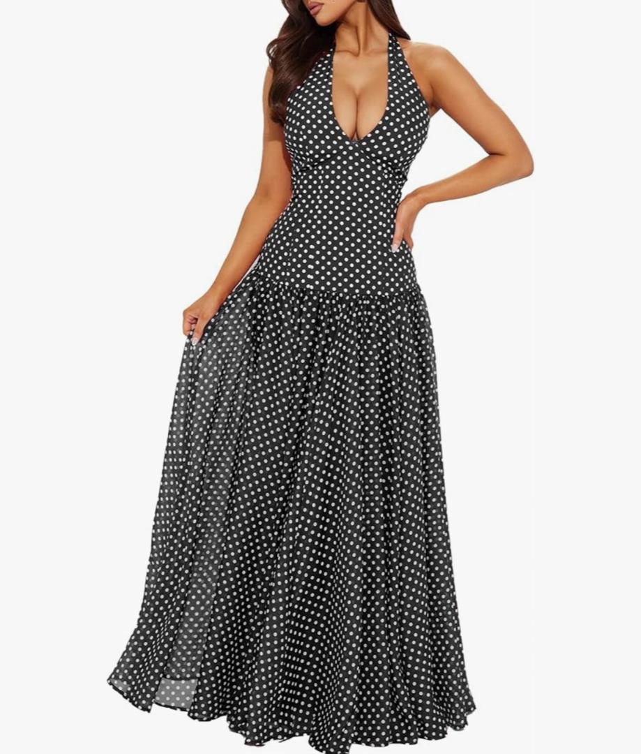 Women's Polka Dot Maxi Dress Halter Neck Sleeveless Drop Waist Flowy Summer Wedding Beach Sundress S