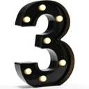 Pooqla Decorative Led Light Up Number Letters, Black Plastic Marquee Number Lights Sign for 3th 13th Birthday Party Wedding Decor Battery Operated Black Decoration 3