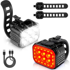 WORKPRO Bike Lights Set [8+13 Modes], Rechargeable Bicycle Light Set Ultra Bright, IP65 Waterproof Bike Lights for Night Riding, 1200mAh Bike Headlight and Tail Light Reflectors (Black)