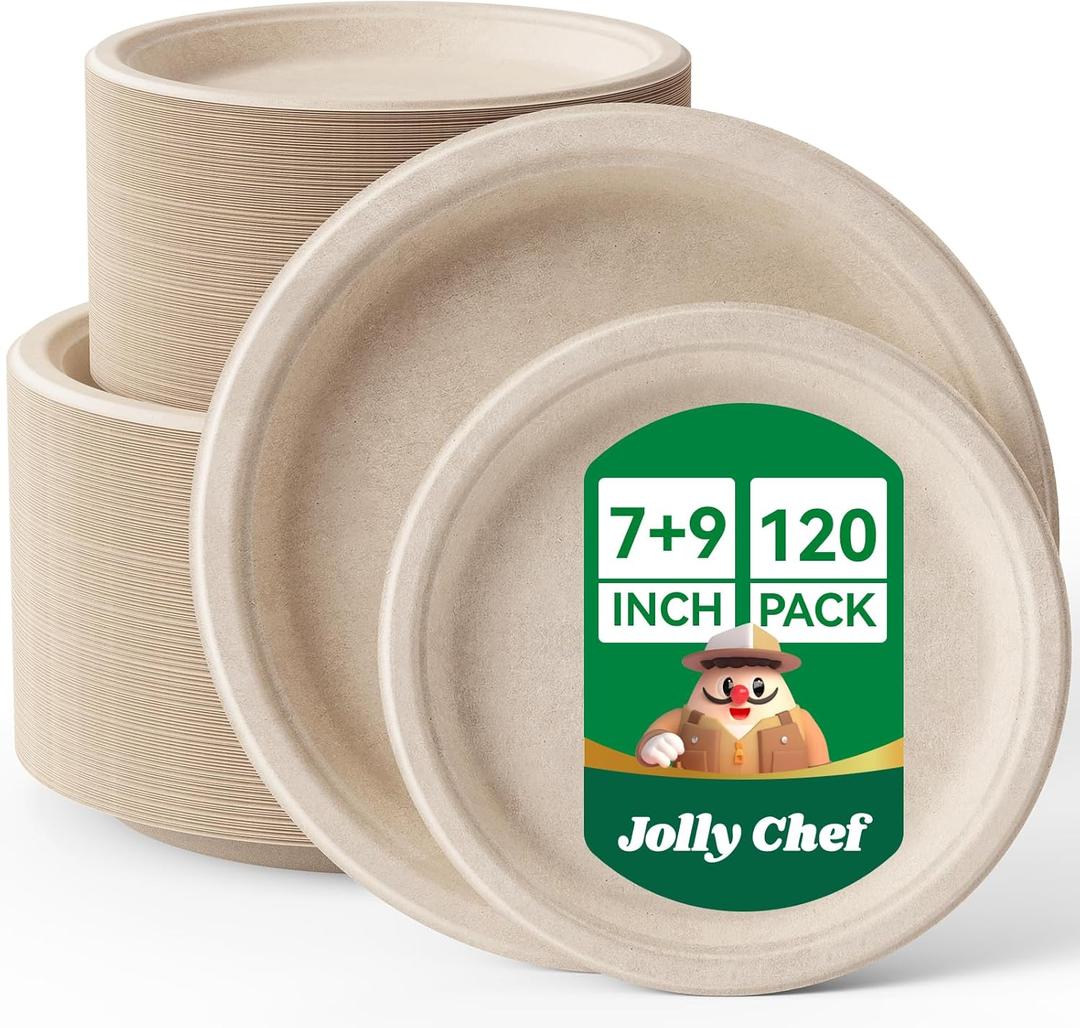 JOLLY CHEF Compostable Heavy Duty Plates 7 inch and 9 inch [120 Pack] Eco-Friendly Disposable Paper Plates Bagasse Biodegradable Sugarcane Fibers Round Plates Bulk for Party Dinner(Brown)