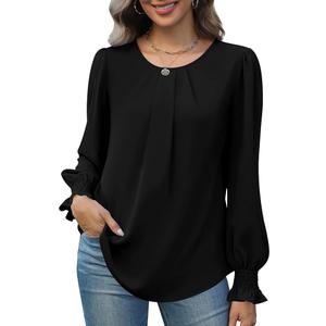 Funlingo Womens Tops Dressy Casual Smocked Long Sleeve Shirts Crew Neck Loose Chiffon Tunics Office Work Blouses, XL