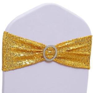 SINSSOWL Pack of 50 Spandex Sequins Chair Sashes Gold Chair Bands with Buckles, Chairs Bows Ties for Party Wedding Fiesta Decor - Sequin Gold Chair Sash