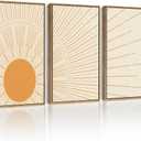 PHOPAGO Boho Sun Wall Art Minimalist Bohemain Framed Wall Printing Large 16x24in Sun Lines Warm Prints Decor - Natural Framed