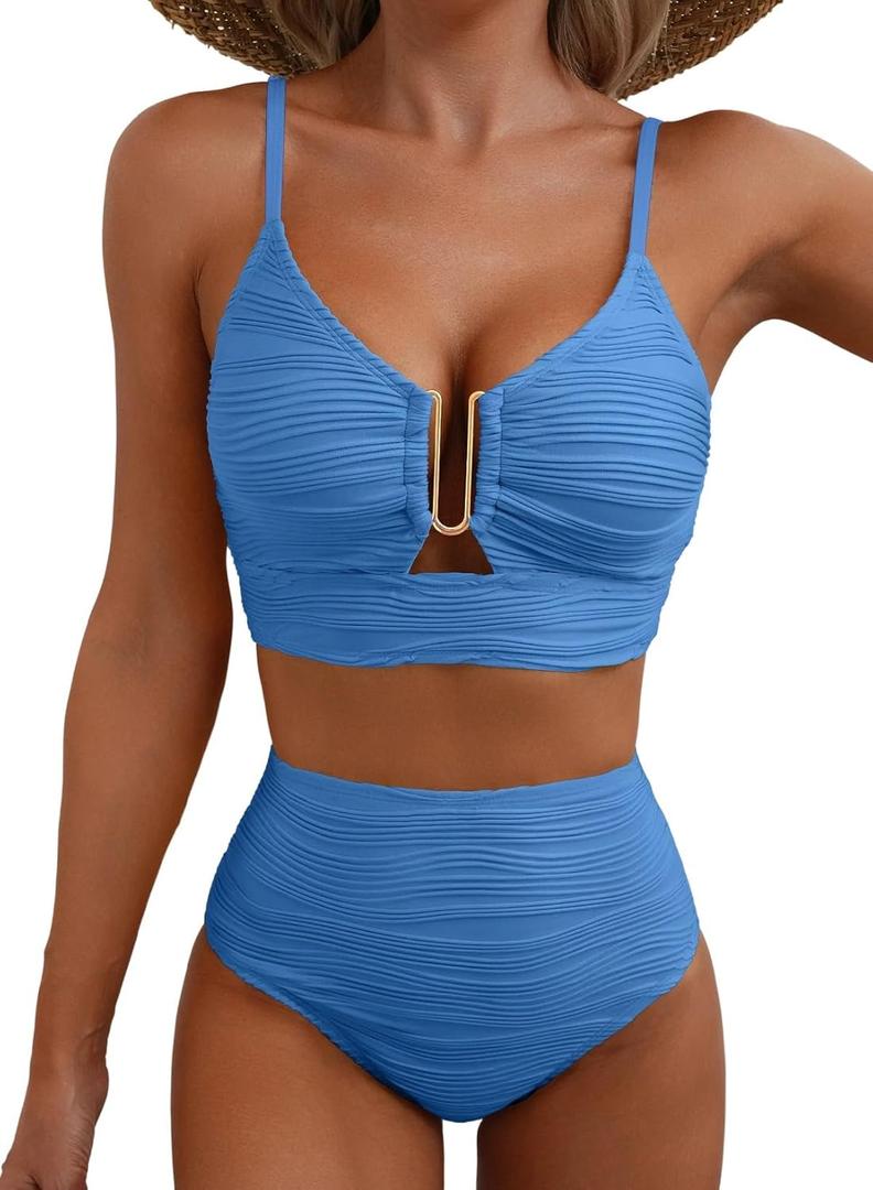 Herseas 2 Piece Bikini Set U-Wire Cutout Popular Swimsuit High Waisted Textured 2026 Summer Beach Swim Bathing Suits (Large)