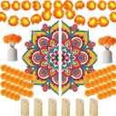 43 Pcs Diwali Decorations for Home Diwali Rangoli Floor Stickers Marigold Garland Artificial Marigold Flowers with Stem Flameless Votive Candles Diya Indian Gifts for Entrance Wall Door Porch