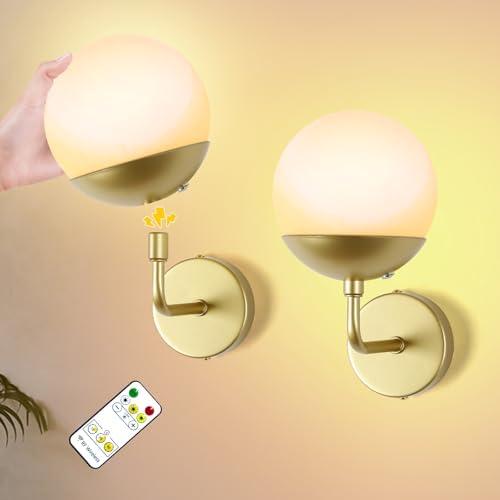 Jaenmsa Battery Operated Wall Sconce Set of 2, Rechargeable Wireless Sconces with Dimmable Detachable Magnetic Bulbs and Remote, 3 Colors Wall Lights for Bedroom Living Room Hallway Fireplace, 8 Inch, Gold