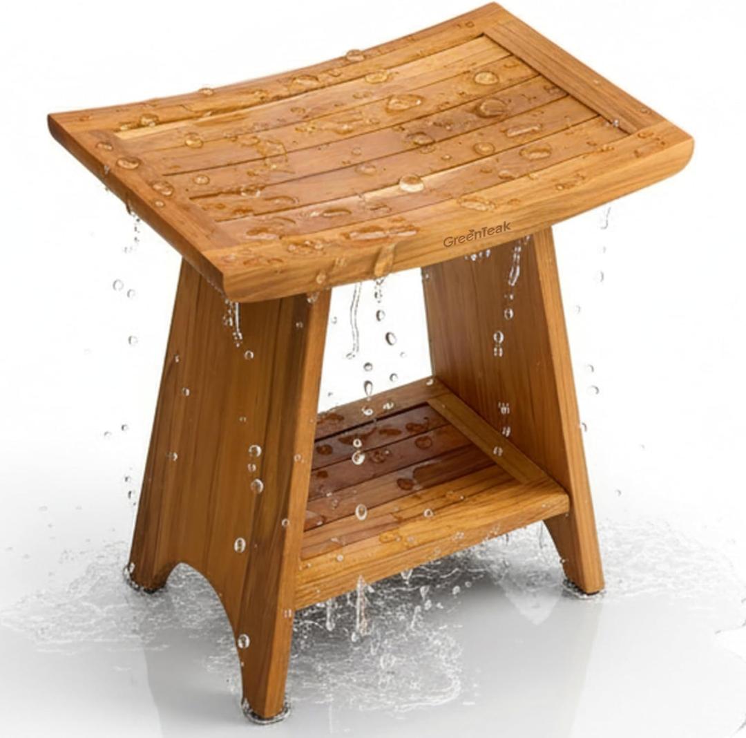 Premium 18" Teak Wood Shower Bench with Shelf, 2-Tier Waterproof Teak Shower Stool, Non-Slip Feet for Enhanced Safety, Spa Bath Seat for Bathroom, Indoor & Outdoor, 300 lb Capacity (Curved)