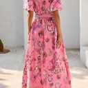 KIRUNDO Women Spring Summer Wedding Guest Boho Floral Maxi Dress Puff Sleeve Button Shirt V Neck Flowy Beach Vacation Dress(Pink, Small) (S)