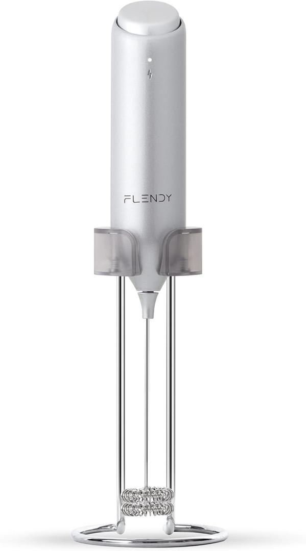 Rechargeable Milk Frother Handheld With USB-C Charging Stand, Electric Drink Mixer, Mini Whisk for Coffee, Matcha, etc (Glossy Silver)