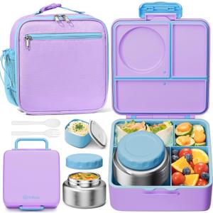 Fimibuke Kids Bento Lunch Box with Thermos, Leakproof Toddler Bento Box with 8.5 OZ Insulated Food Jar, Lunch Bag & Utensils BPA Free Dishwasher Safe 3 or 4 Compartment Container for School Girls Boys (Cotton Candy)