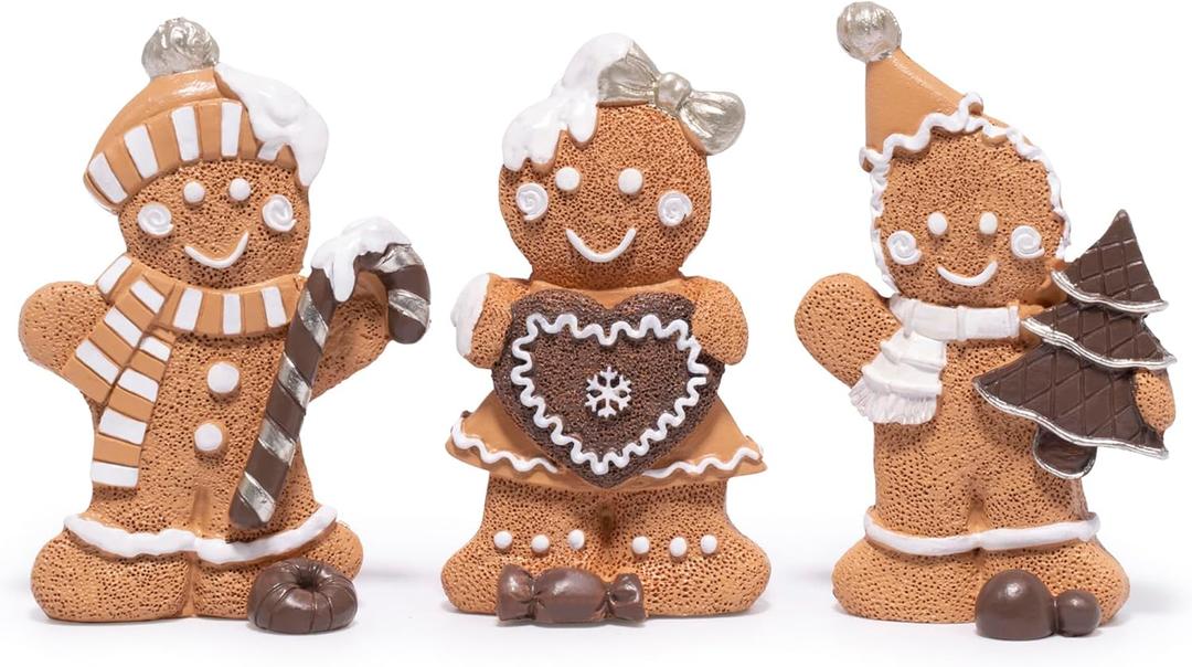 Hodao Christmas Gingerbread Figurines Set of 3, Cute Gingerbread Men Holding Heart, Candy Cane & Christmas Tree, Holiday Party Tabletop Decoration for Home, Kitchen, Living Room Decor (Brown-1)