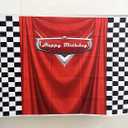 7x5ft Car Black White Grid Red Birthday Themed Backdrops Racing Flag Red Photo Backgrounds for Photography Happy Birthday Party Banner Photo Booth Props
