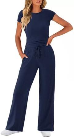 COPYLEAF Two Piece Lounge Sets for Women Wide Leg Drawstring Sweatpants Crop Top Matching Travel Outfits