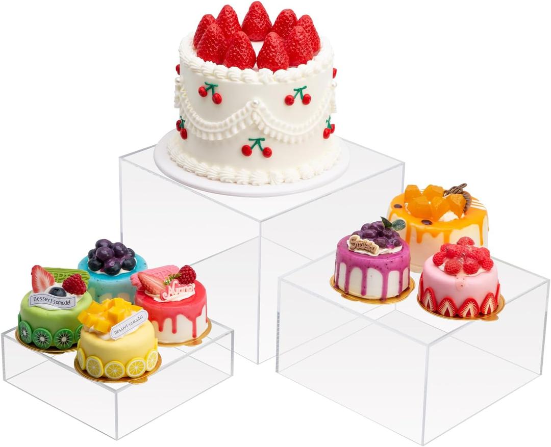 Clisela 3pcs Acrylic Cube Display Stands Box Risers with Hollow Bottoms, Food Risers for Buffet Table, Decorative Display Stand Shelf for Dessert Collectibles Jewelry Figures Show - Clear 6" 7" 8"