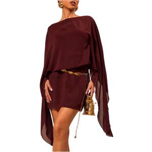 MakeMeChic Women's Boat Neck Cape Sleeve Mini Dress Ruched Bodycon Elegant Short Dresses (Brown)