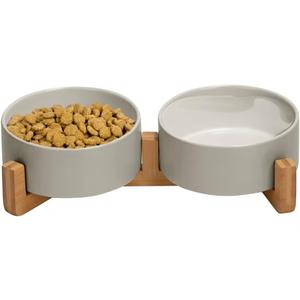 Ceramic Cat and Small Dog Bowl Set  Modern Indoor Small Size Pet Food and Water Bowls with Wood Stand  Non Slip Puppy Sized Feeding Station with Double Dishes (Gray)