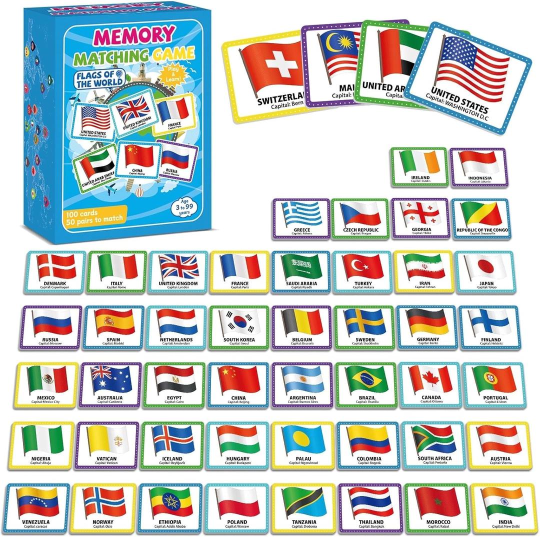 Gisgfim 100 PCS Memory Matching Game Flags of The World Concentration Memory Card for Kids and Adults Learning Educational A Fun & Fast Countries of The World Matching Games