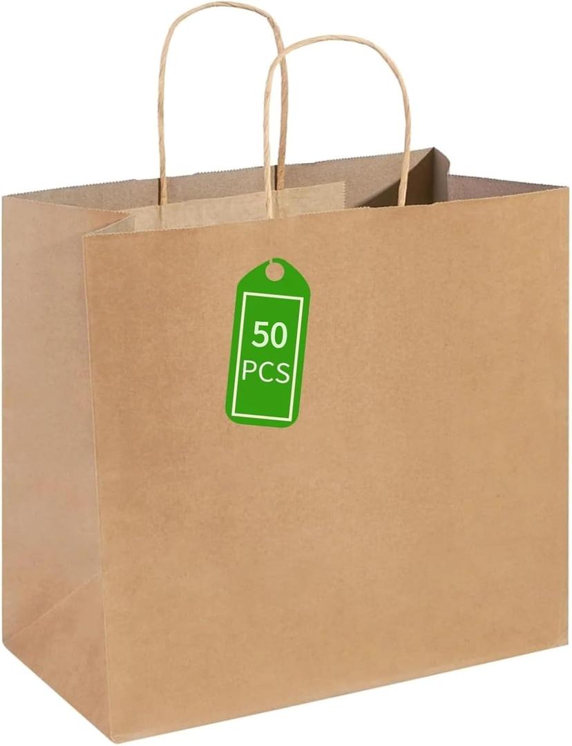 PAICUIKE 50Pcs Large Brown Paper Bags with Handles, 13x7x13 Inch Gift Bags for Business, Shopping, Party, Wedding & Birthday | Natural Brown Kraft Bags for Retail, Merchandise & Events