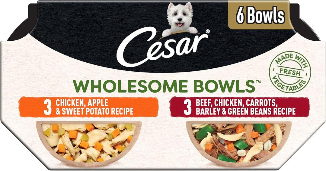 Cesar Wholesome Bowls Adult Wet Dog Food, Beef, Chicken, Carrots, Barley & Green Beans Recipe and Chicken, Apple & Sweet Potato Recipe Variety Pack, Wet Food for Dogs, 3 oz., 6 Count (EXP 09/14/27)