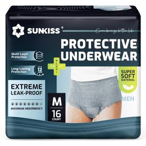SUNKISS Super Soft Incontinence Underwear for Men, Daytime Disposable Adult Pull Ups,Mens Protective Diapers with Maximum Absorbency, Medium, Grey, 16 Count