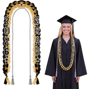 Cindeer 2026 Graduation Ribbon Lei Set Handmade Braided Necklace Honor Cord with Tassel 2026 Grad Embroidery Patches for High School College Graduation Party Supplies(Black, Gold)