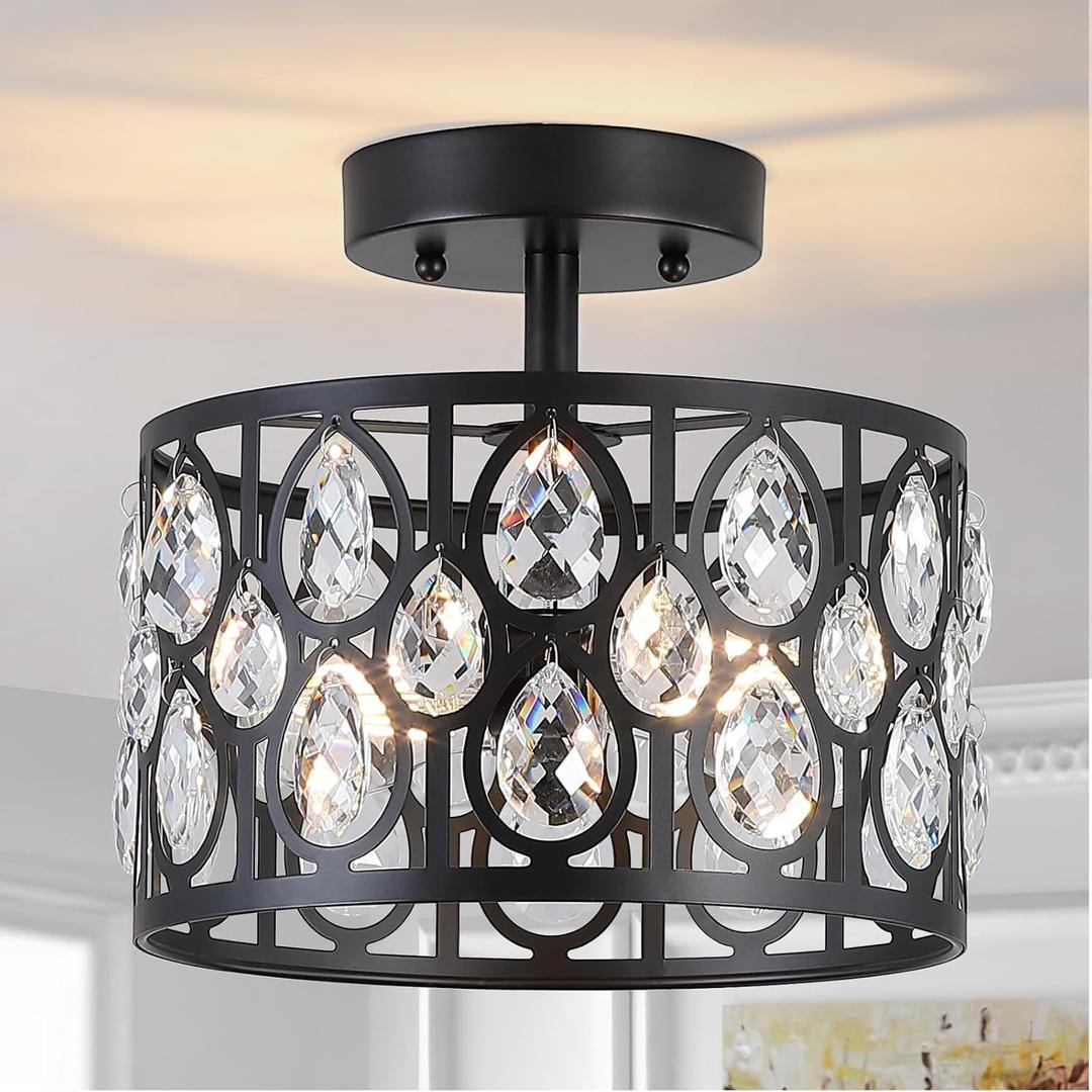 9 Inch Crystal Black Semi Flush Mount Ceiling Light,2-Light Modern Farmhouse Ceiling Light Fixture,Round Hallway Lighting Fixtures for Kitchen Entryway Bedroom Laundry