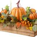 Fall Decor - Faux Pumpkins & Maple Leaves in Wood Box for Table Centerpiece, Shelf, Mantel, Window Sill Decor - Autumn Thanksgiving Arrangement for Home Indoor Outdoor - 14 inch