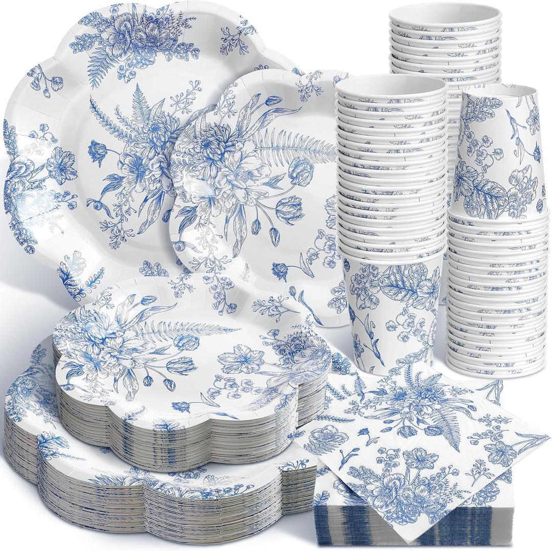 250 Pcs Blue Floral Disposable Plates and Napkins Blue and White Floral Paper Tableware Set for 50 Guests Paper Plates Napkins Cups for Wedding Bridal Shower Party Supplies