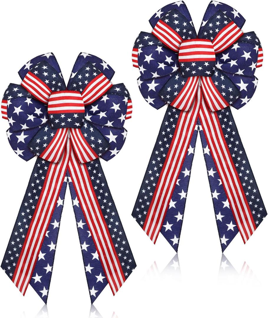 Riceshoot 2 Pcs 4th of July Patriotic Bows USA Red White and Blue Star 250th Anniversary Burlap Bow Tree Topper for Indoor Outdoor Independence Day Party Decoration(Classic)