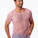 ABAFIP Men's Short Sleeve Fishnet Shirt Mesh Sheer Tank Top Muscle T-Shirt Undershirt Rave Clubwear (X-Large, Pink)