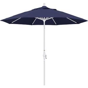 California Umbrella 9' Round Aluminum Market Umbrella, Crank Lift, Collar Tilt, White Pole, Navy Blue Olefin