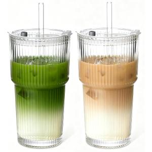 20oz Glass Tumblers with Lids and Straws,2PCS Glass Cups with Lids and Straws,Iced Coffee Cups with Lid, Ideal for Juice, Smoothies,Whiskey Cocktail Beer