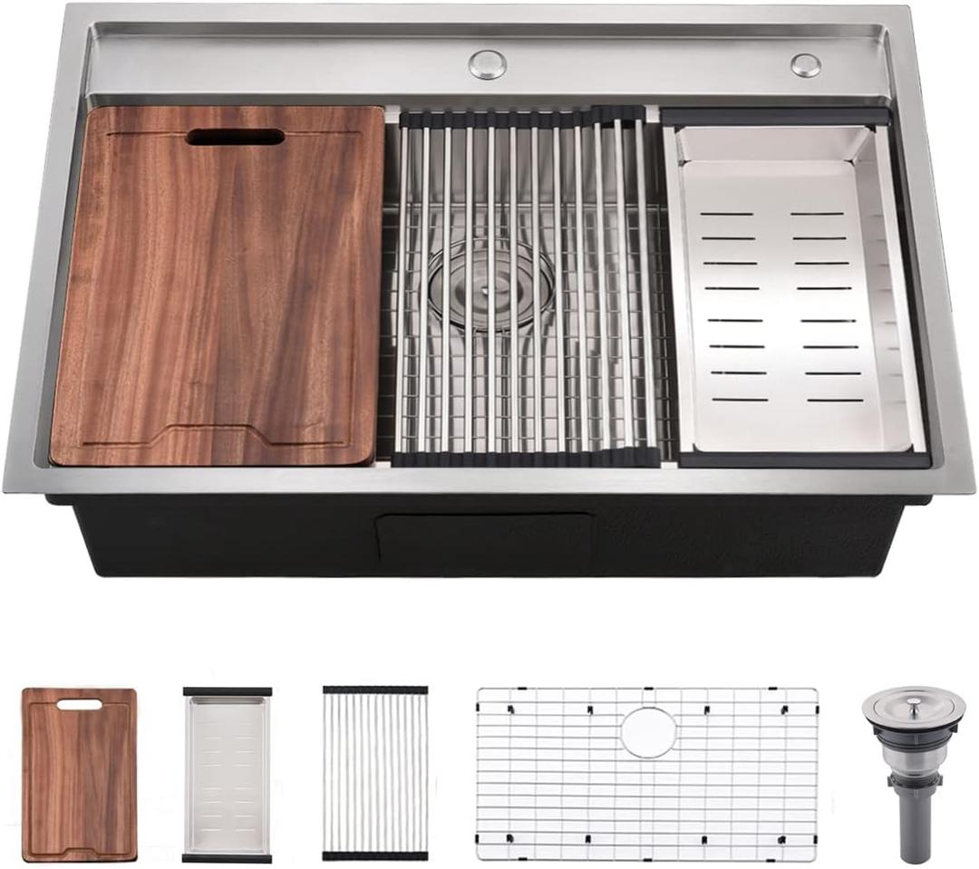 33 Inch Drop In Kitchen Sink Workstation - VOKIM 33X22 Inch Drop In sink Stainless Steel Topmount Splash Guard 16 Gauge 10'' Deep Single Bowl Handmade Kitchen Sink with Cutting Board& Strainer