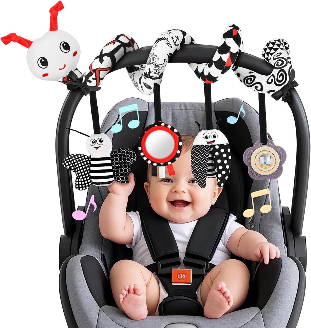 Car Seat Toys for Babies, 0-6 Months Stroller Activity Black White Baby Spiral Plush Toys Newborn High Contrast Sensory Carseat Toys with 4 Pendants Hanging Boys Girls Gift