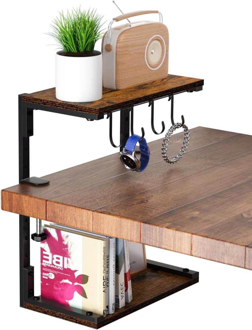 Clamp-On Desk Organizer Shelf, 13 inch Adjustable Height and Versatile Hook, Above or Below Desk 2-Tier Shelving, Shelving for Table Accessories, Gaming Devices, and More