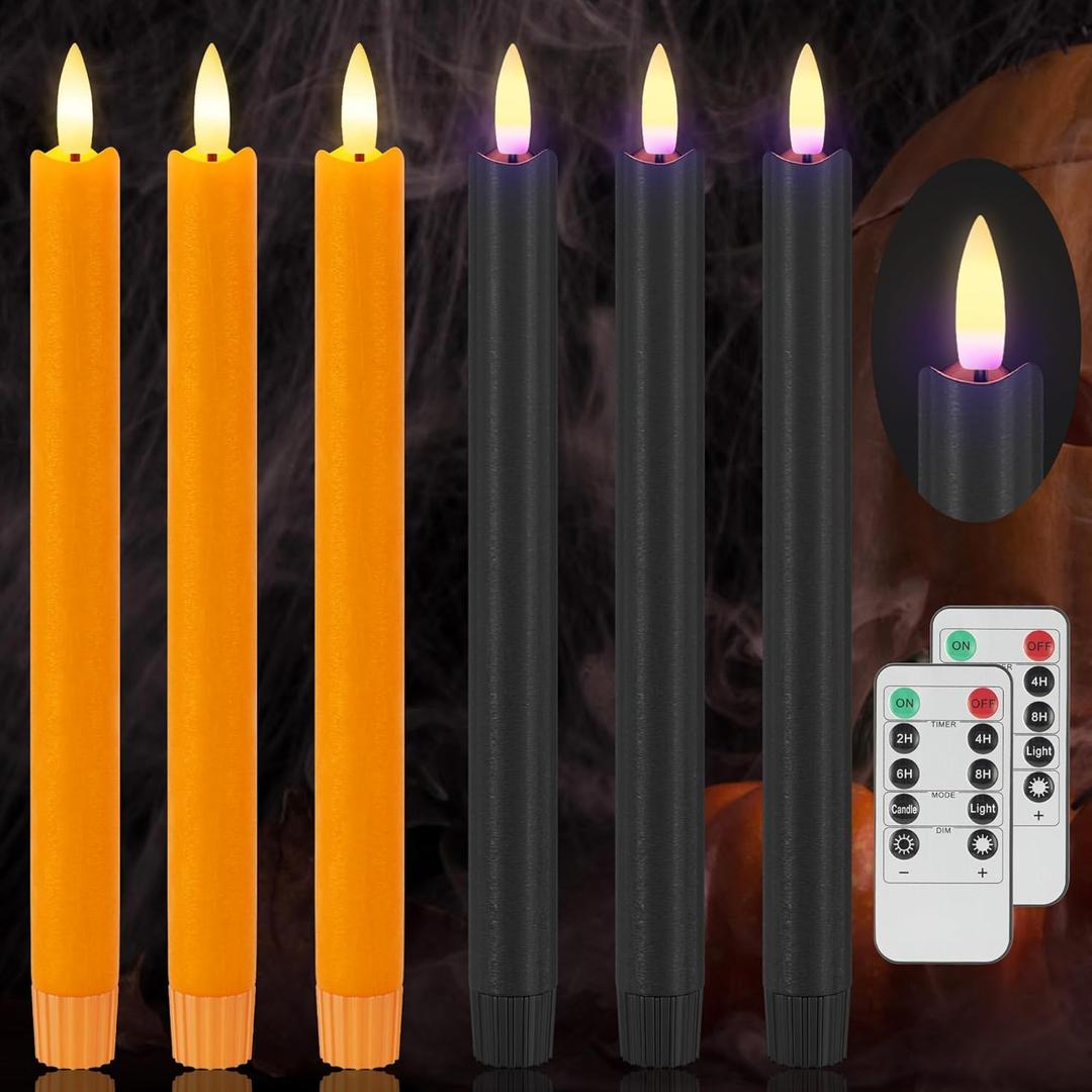 AFINETH Orange and Black Flameless Taper Candles with Remote, 9.6" Halloween Battery Operated Candles 3D Wick, Real Wax Led Candlesticks Flickering Electric Candle for Halloween, Home, Party, 6 Pack