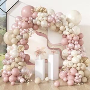 Amandir 173 Pcs Pearl White Pink Balloon Arch Garland Kit, Double Stuffed Dusty Pearl Pink White Sand Clear Balloons for Wedding Boho Neutral Bridal Shower Birthday Valentine's Day Party Decorations