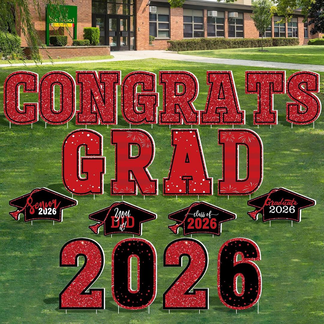 Graduation Yard Sign, 20 PCS Red Large Congrats Grad Lawn Stakes, Class of 2026 Yard Signs with Stakes, Graduation Party Decorations Outdoor, Waterproof Graduation Yard Decor for College High School