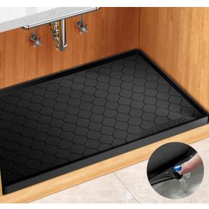 Silicone Under Sink Mat 34" x 22", Kitchen Essentials and Gadgets, Shelf Liner and Cabinet Protector, Home Organizers and Storage, Waterproof Bathroom Tray (Black)