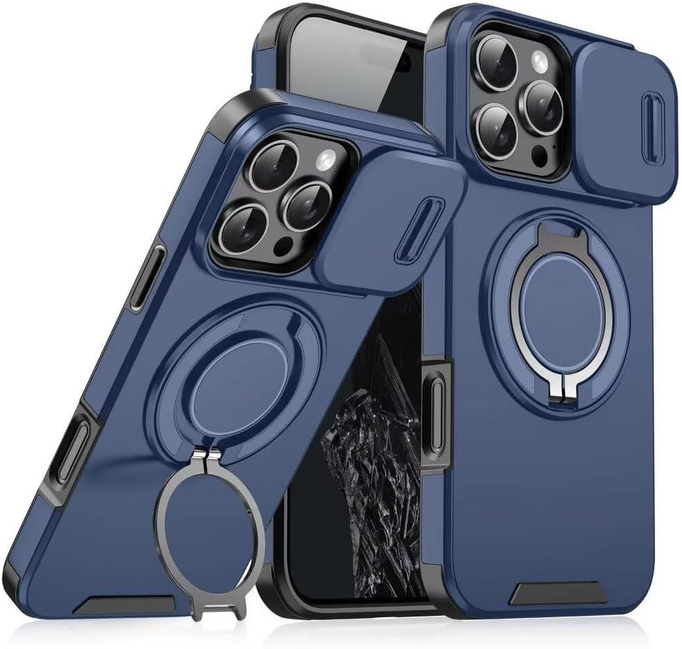 Heavy Duty Series Designed for iPhone 15 Pro Max Case,Rugged 360 Rotatable Ring with Invisible Holder Stand,Slide Camera Cover & Military Grade Drop Protection Shockproof,Blue