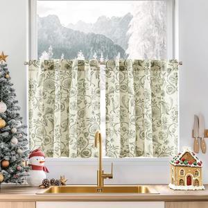 jinchan Small Window Curtains 24 Inch Linen Floral Curtain Set for Kitchen Bathroom Cafe Curtains Light Filtering Window Treatment Farmhouse Cottagecore Back Tab Drapes 2 Panels Green on Beige