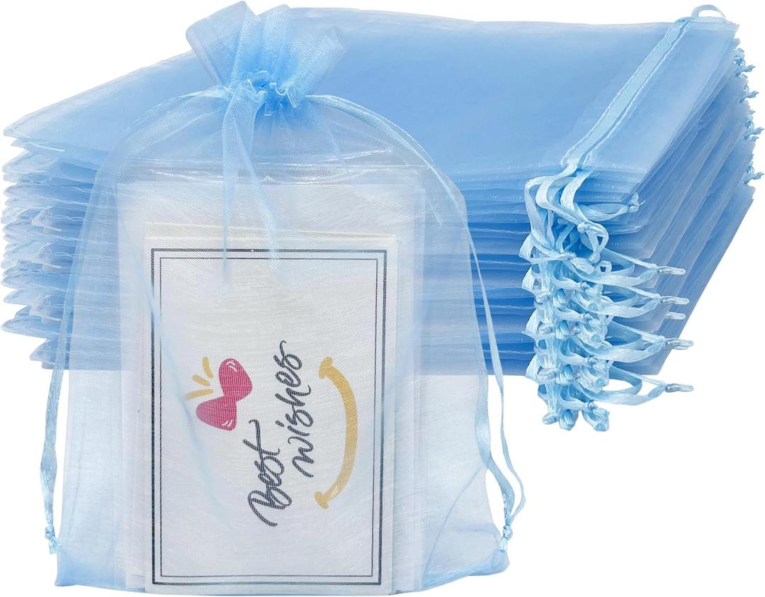Jexila 100PCS Baby Blue Organza Bags 4''X6'' Small Mesh Bag Drawstring Jewelry Gift Bag for Baby Shower Birthday Party Favor Pouch Goodie Candy Bags