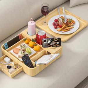 Couch Cup Holder, Couch Caddy Car Cup Holder Tray Serving Tray Large Capacity Multi-Surface Wooden Trays for Bed, Car, Picnic, Drinks, Snacks, Remote, Cell Phone, Headphones (Solid Pine Wood)