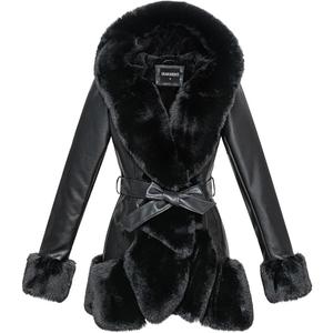 GRAN ORIENTE Women's Faux Leather Coat with Faux Fur Collar,Winter Warm Belted Mid Length Trim Jacket Fur Lined with Hood (Black)