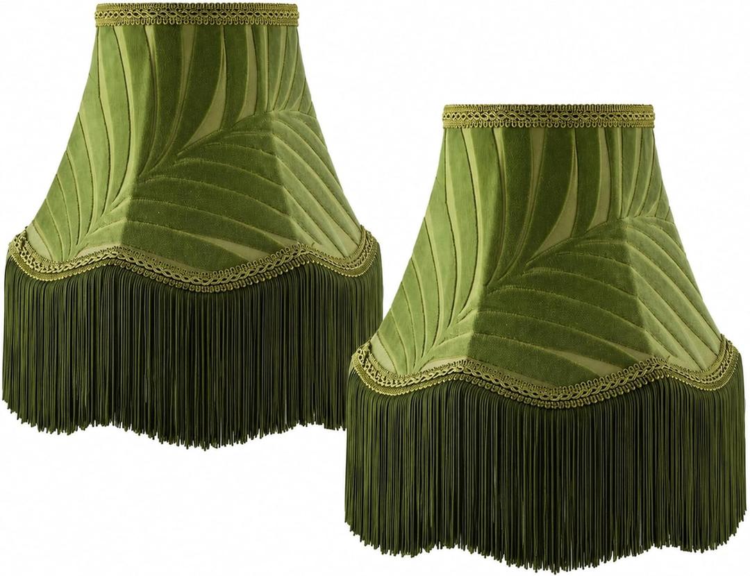 Fumete 2 Pcs 5 x 10 x 7.5 Inch Green Scalloped Lamp Shades with Fringe Trim Vintage Victorian Bell Lampshades Replacement Fabric Natural Tapered Lampshades Decor for Wall Sconce Pendant Light