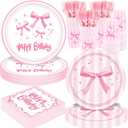 REDWORD Pink Bow Birthday Decorations, 120Pcs Bow Party Tableware Plates Napkins Cups for Pink Birthday Girls Bachelorette Party Decorations-Serves 24
